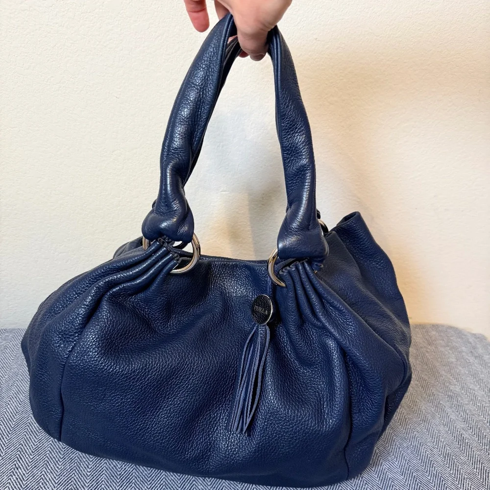 FURLA - Navy Pebbled Leather Hobo Bag